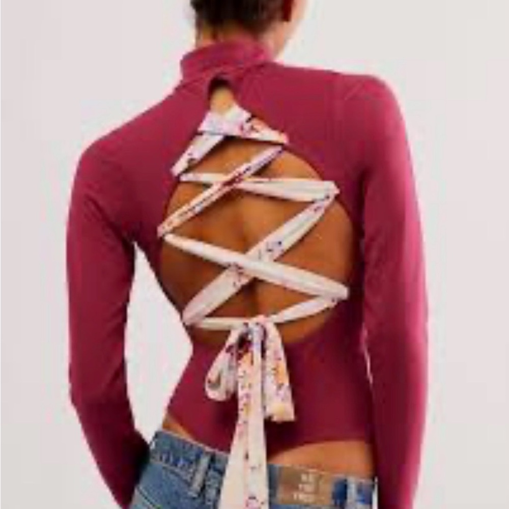 Free People’s intimately Free; NWT wine color w/ floral Lace-Up Back Bodysuit
